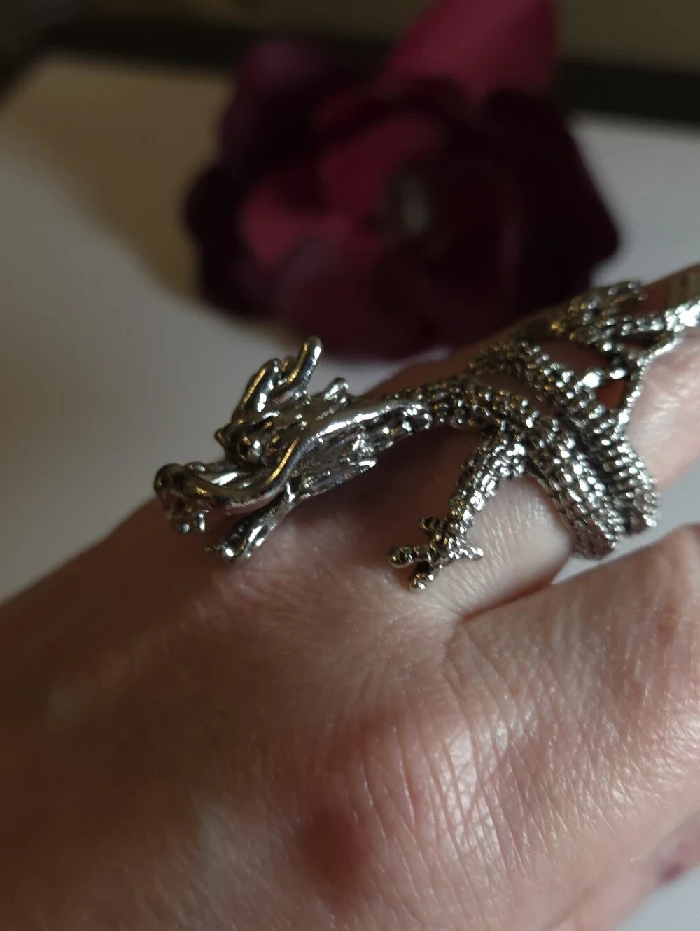 Silver Plated Dragon Tail Wrap Around Ring Size 8 Statement Ring Unisex